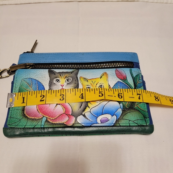 Anuschka Blue and Green Leather Hand Painted  Cat Design Wristlet - Picture 8 of 9
